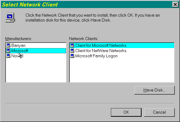 Select Network Client window