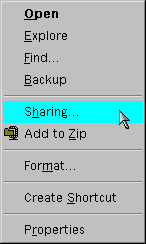 Drive properties drop down menu with sharing highlighted